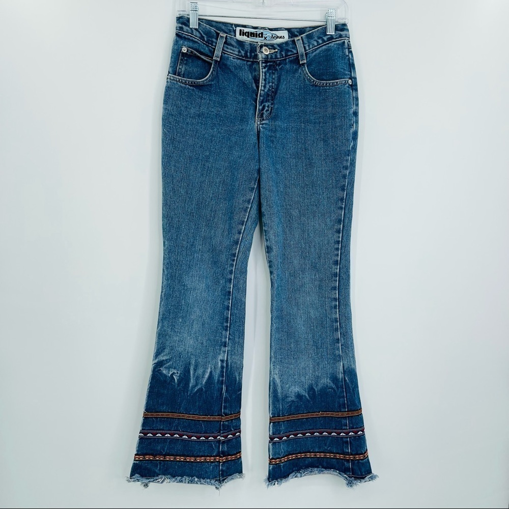 Vintage Liquid X jeans flare raw hem jeans‎ bleach look two tone boho hippie